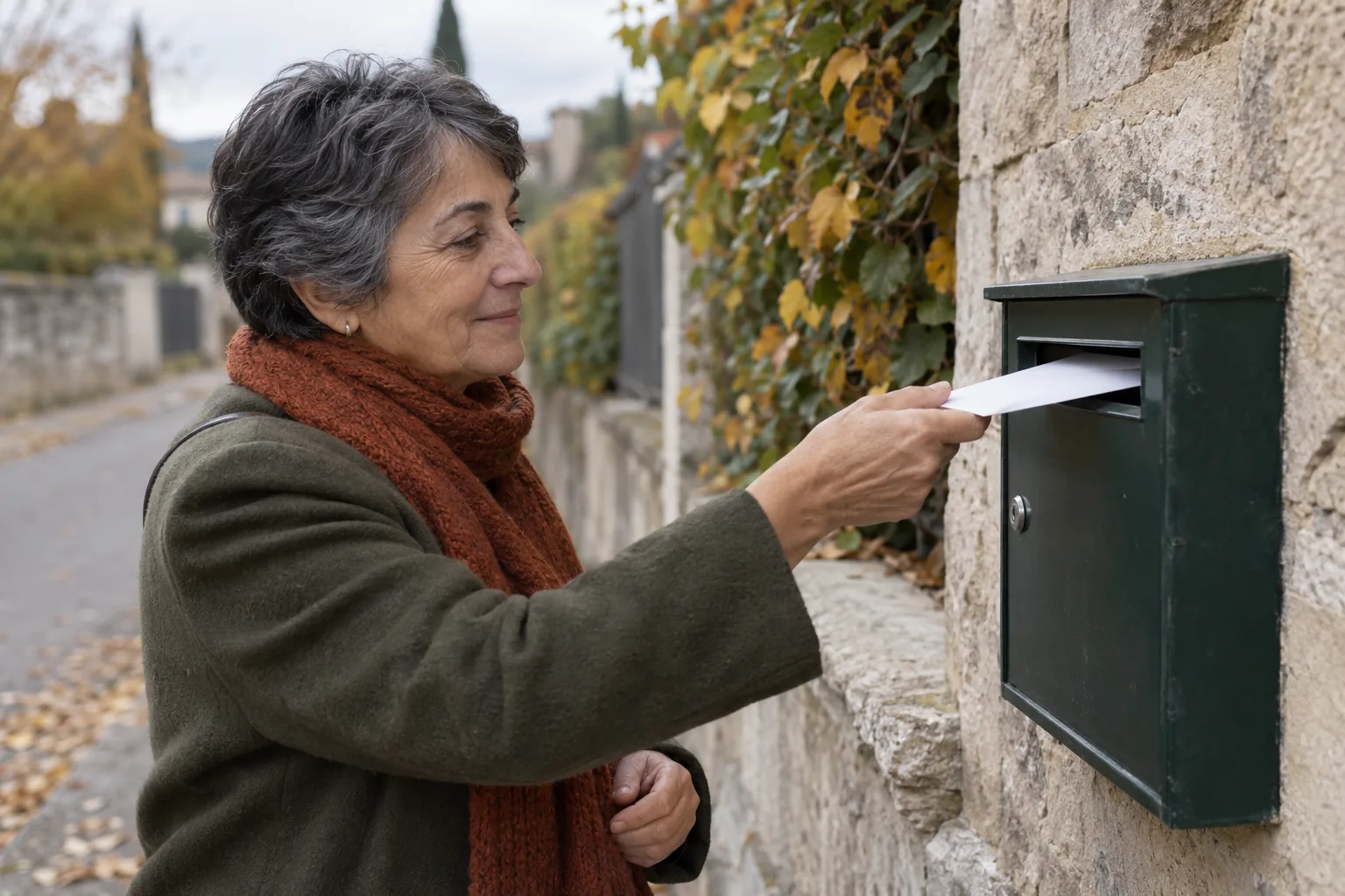 KI-generierte Illustration: Eine ältere Frau steckt einen geschlossenen Umschlag in einen schlichten Briefkasten an einer Hauswand.