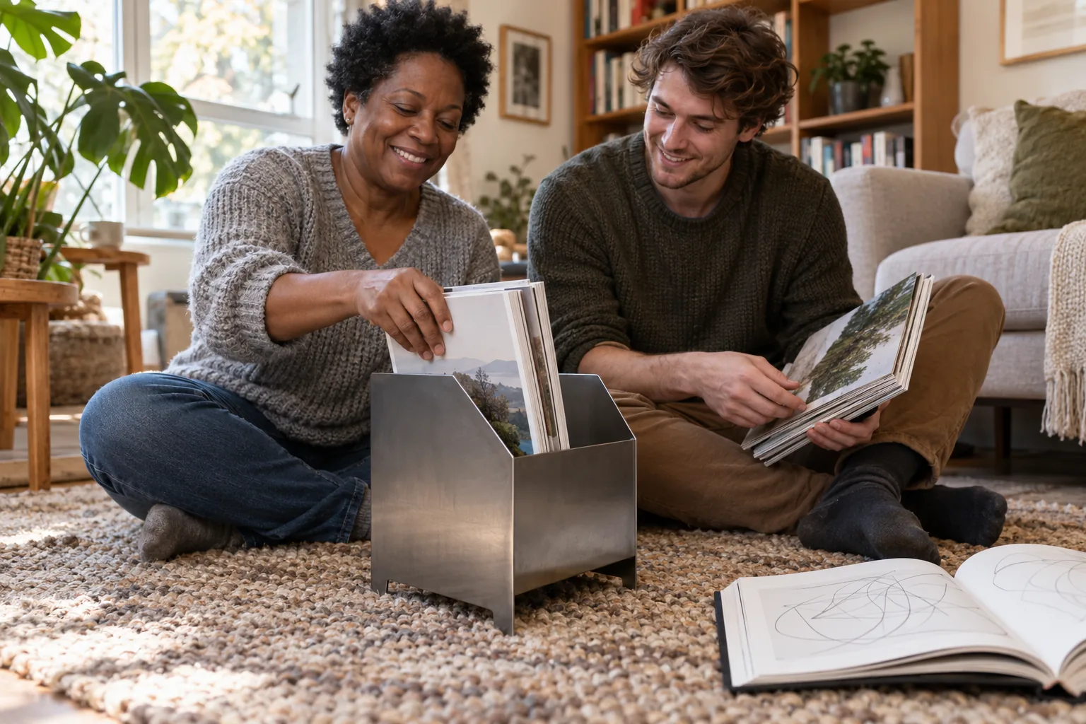 Zwei Menschen ordnen Zeitschriften in einen fertigen Stahlhalter neben einem offenen Buch in einem Lesezimmer.