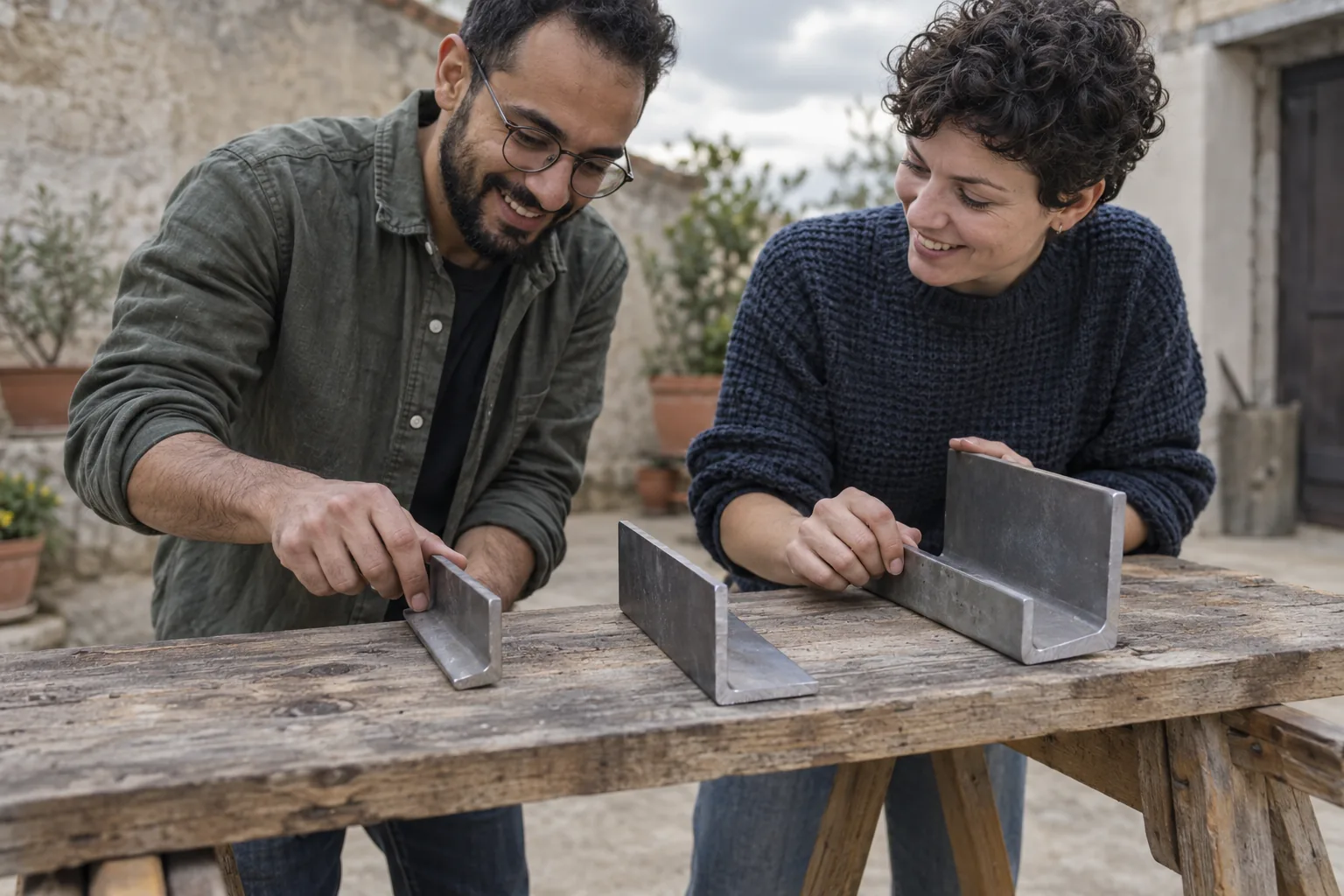 Zwei Personen ordnen verschieden geformte kalte Metallwinkel auf einem Holzbrett im Freien.