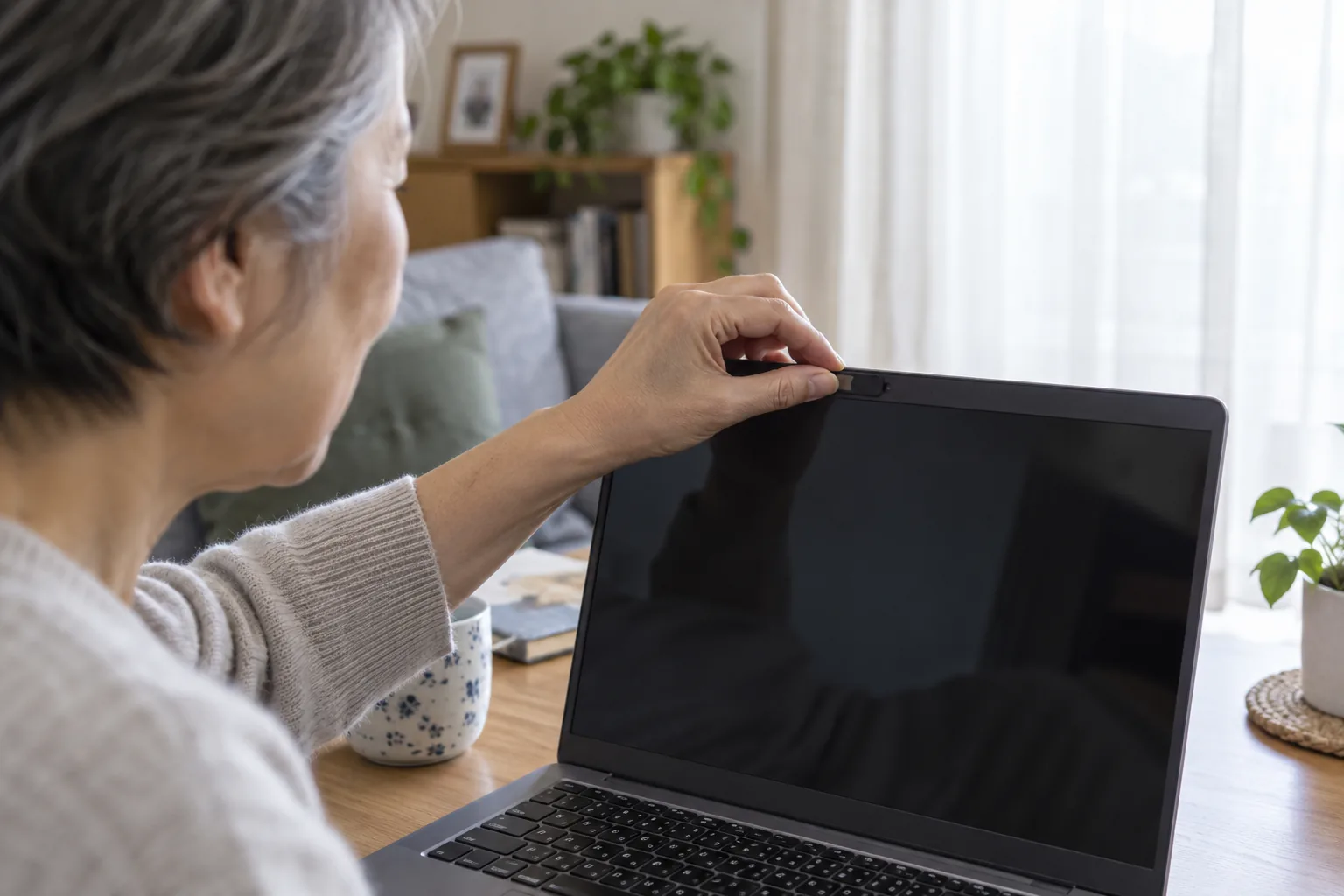 KI-generierte Illustration: Eine ältere Frau schiebt die kleine Kameraabdeckung eines Laptops in einem ruhigen Wohnzimmer zu.