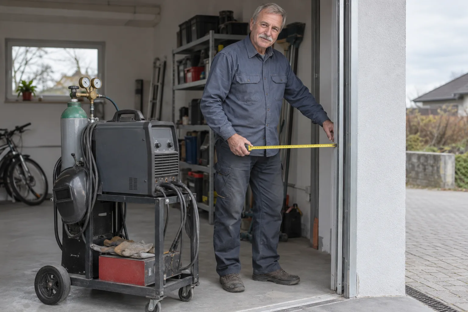 Ein Mann hält ein Maßband zwischen einem Gerätewagen und dem Türrahmen einer Werkstatt.