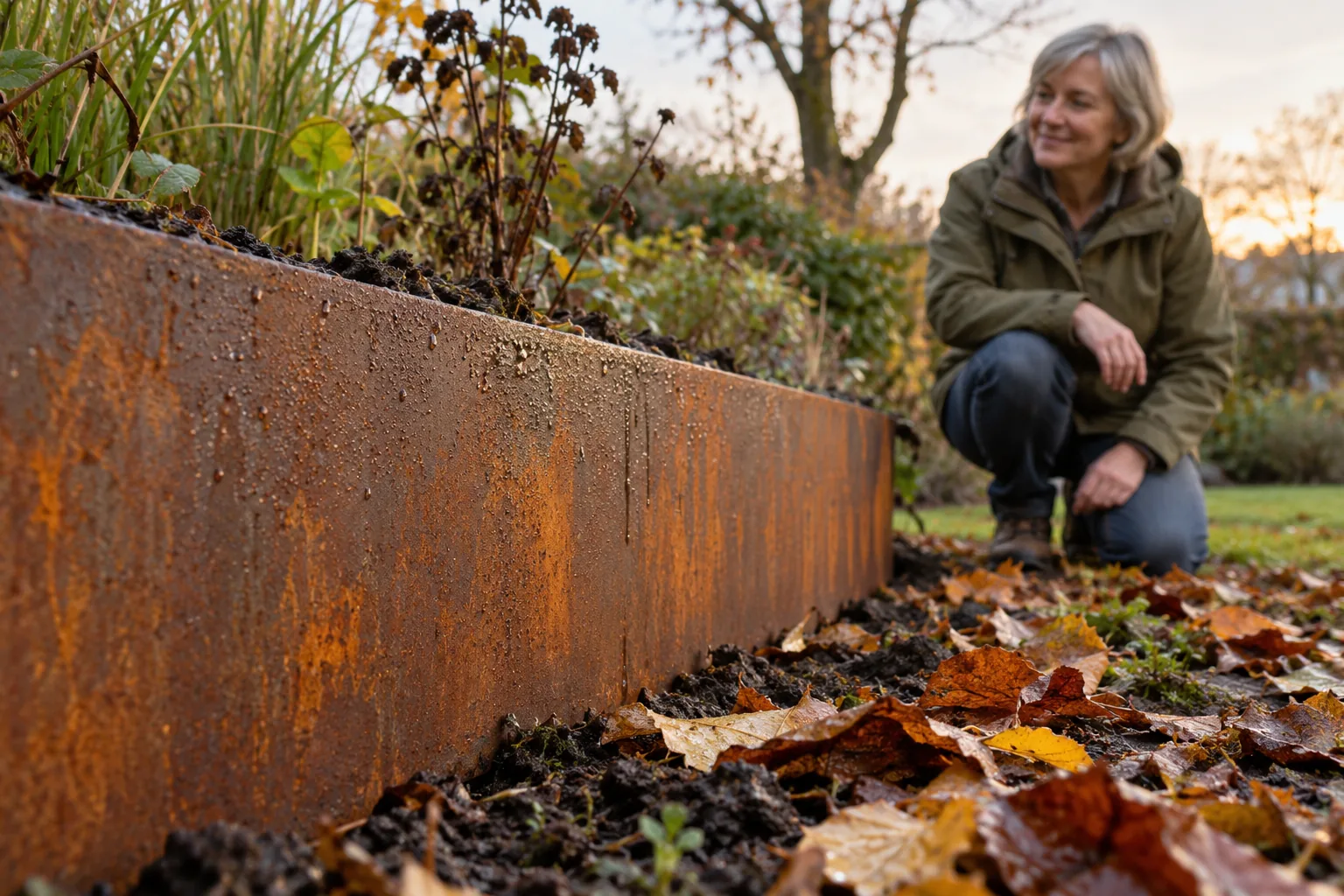 Eine Frau betrachtet eine patinierte Stahleinfassung mit Regentropfen und Herbstlaub im Garten.