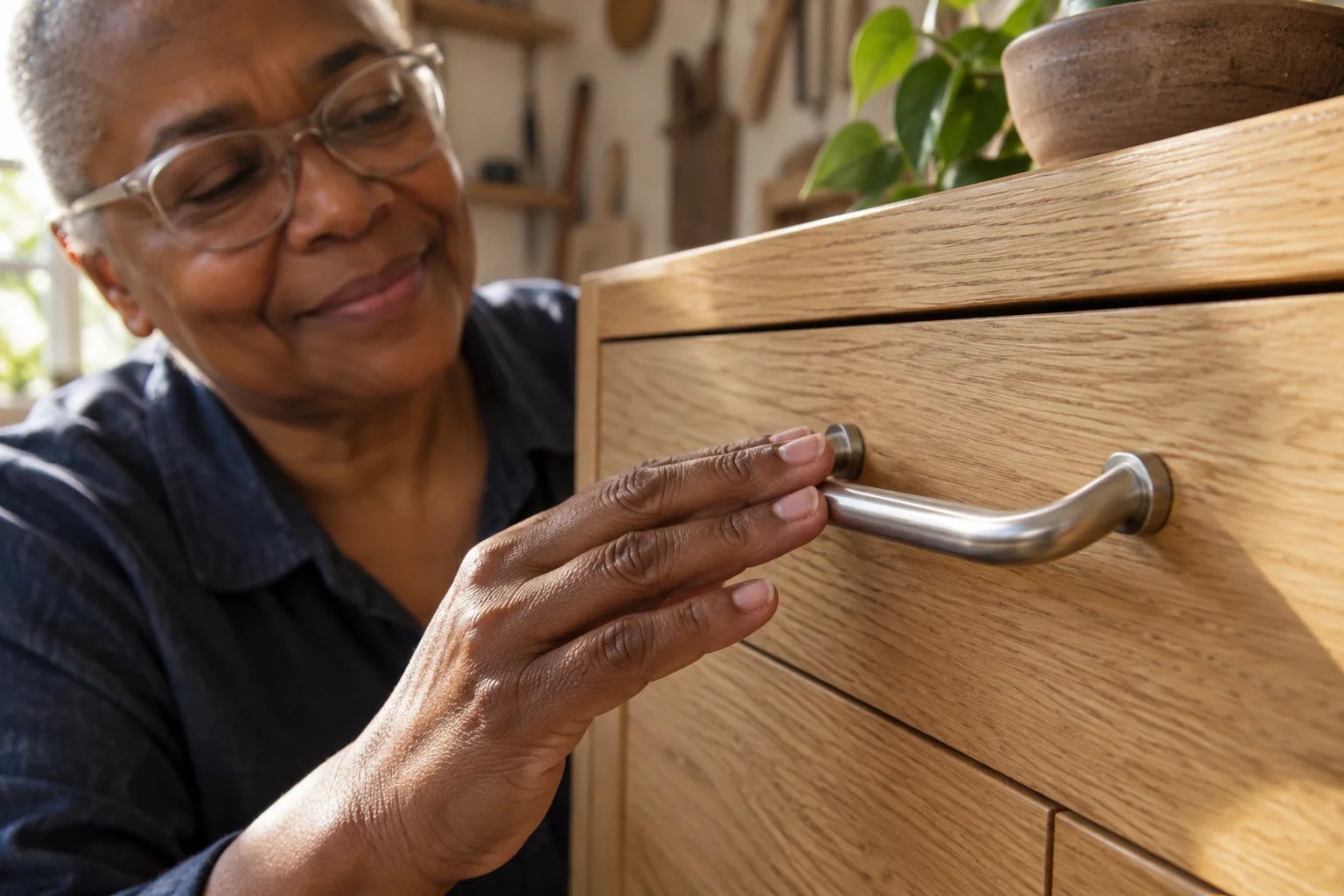 Eine Frau mit Brille fährt mit der Hand über einen gebürsteten Metallgriff an einer Holzschublade.
