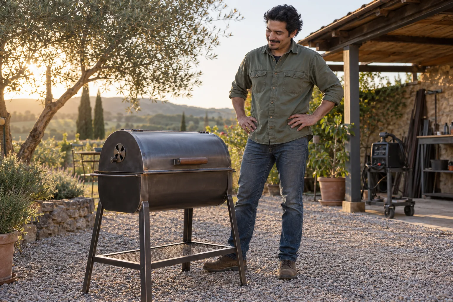 Ein Mann betrachtet einen geschlossenen Metallgrill neben abgelegter Schweißausstattung im Garten.