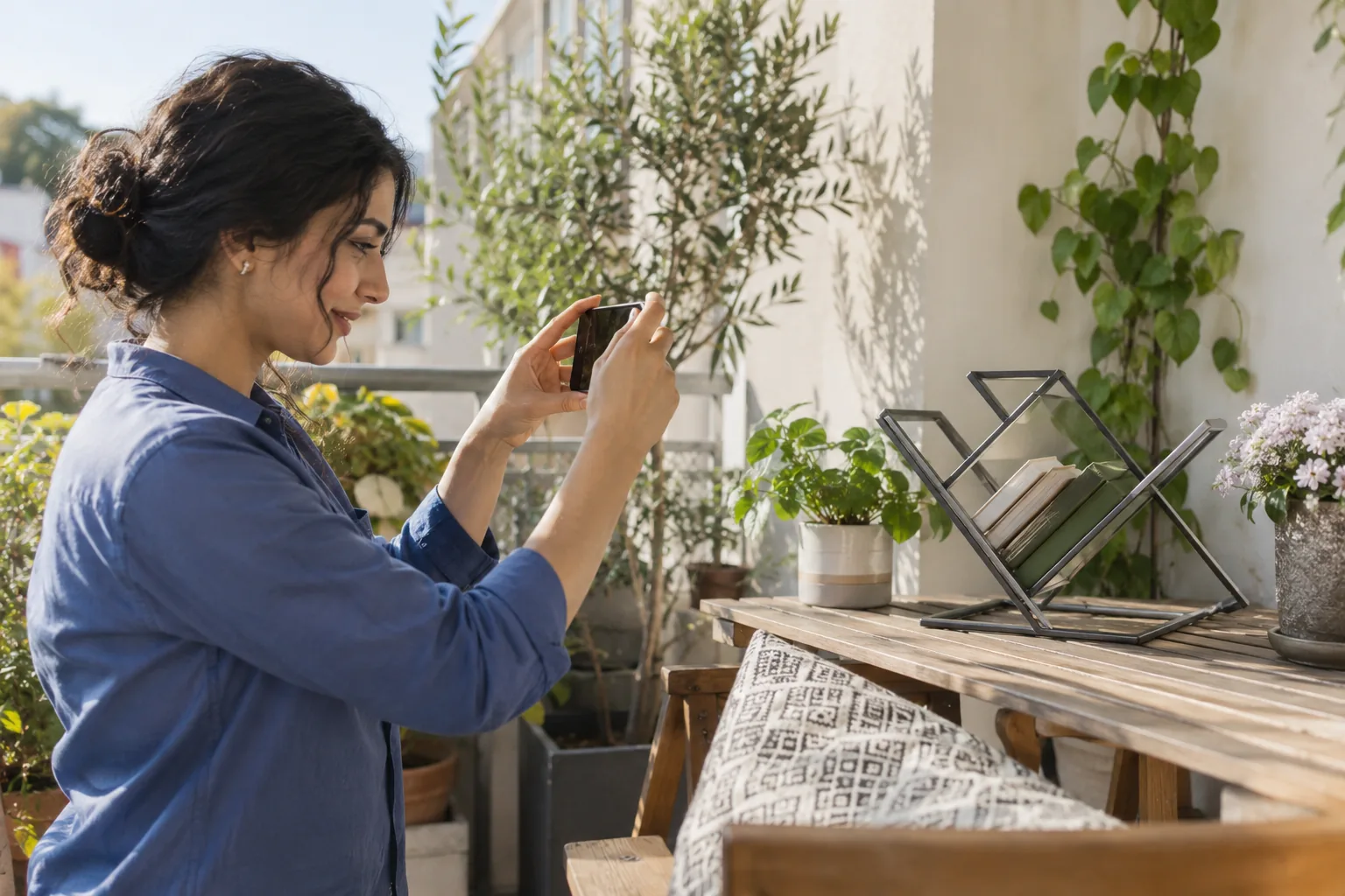 Eine Frau fotografiert ein kleines Metallgestell mit ihrem Smartphone an einer Werkbank.