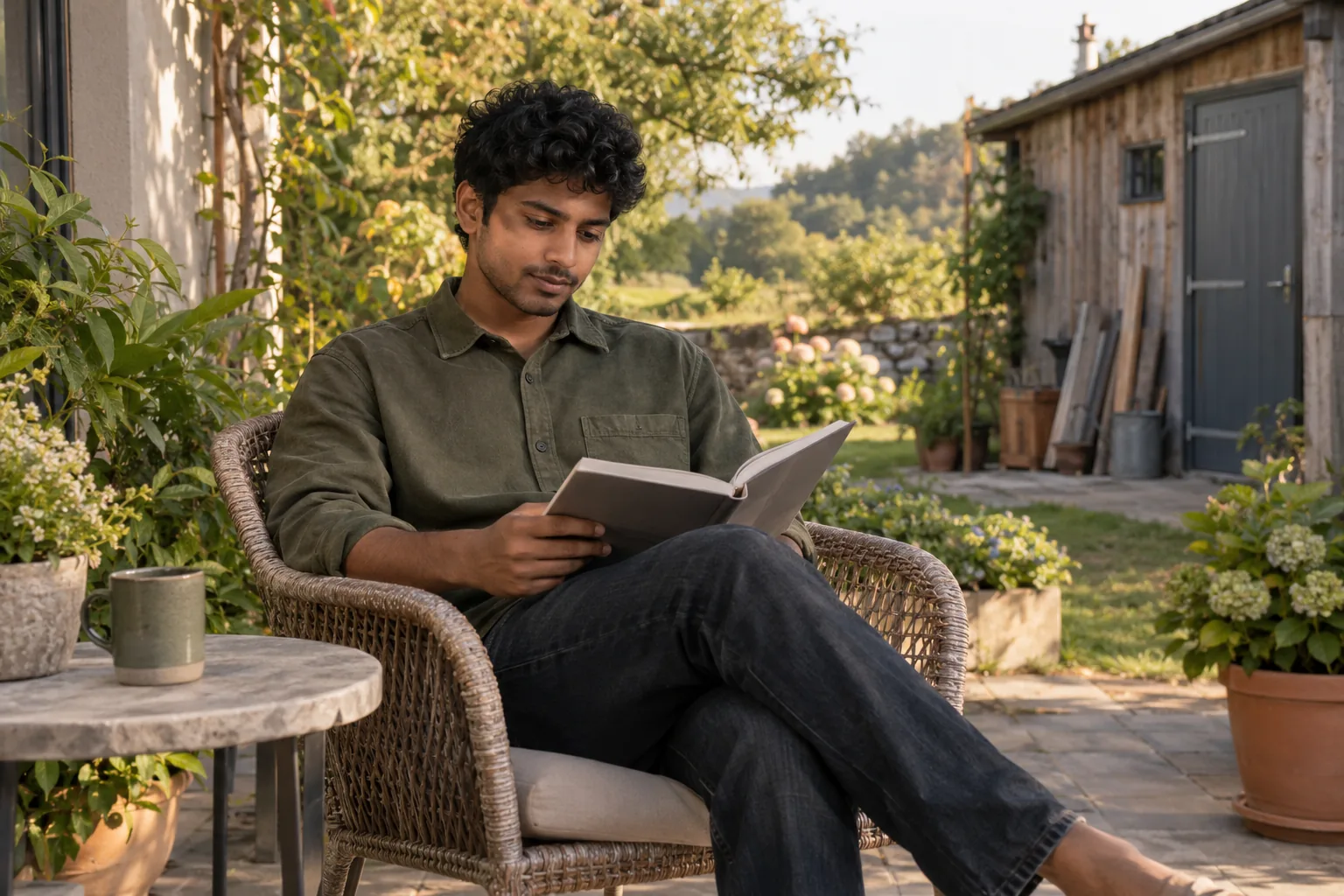 Mann liest in einem offenen Buch auf einer ruhigen Terrasse neben der Werkstatt.