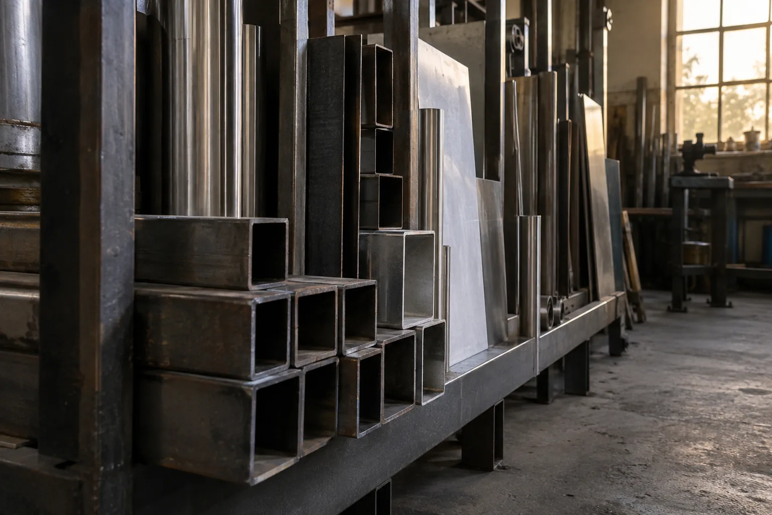 Metallbleche und Profile sind in einem Materialregal geordnet.