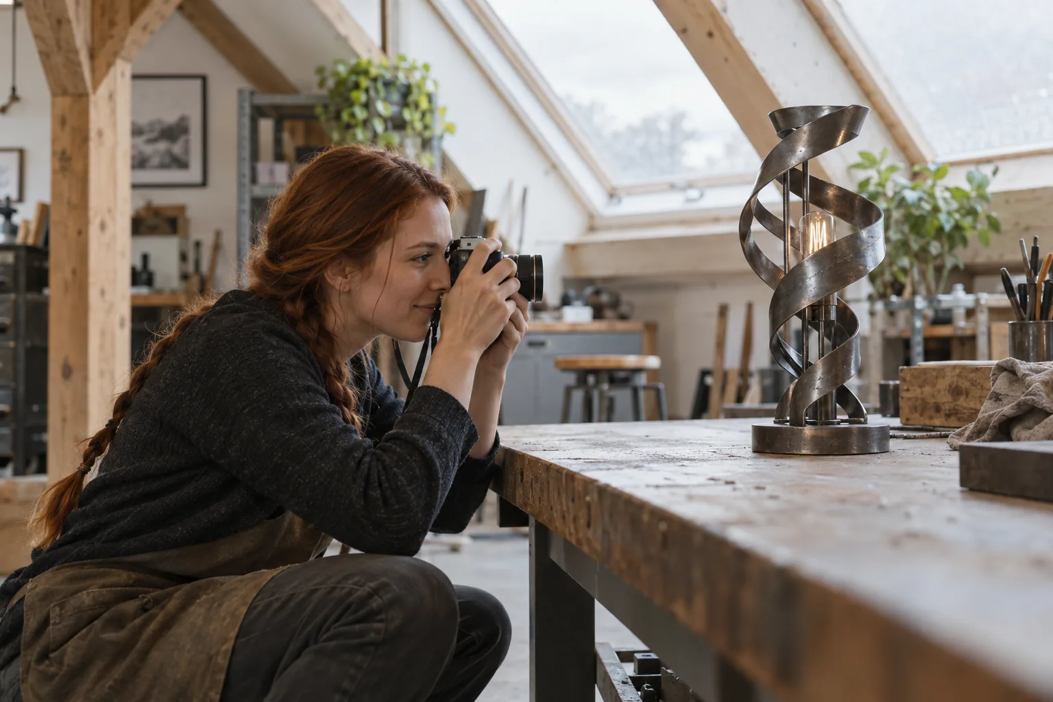 Eine Frau mit geflochtenem Haar fotografiert eine spiralförmige Stahllampe.