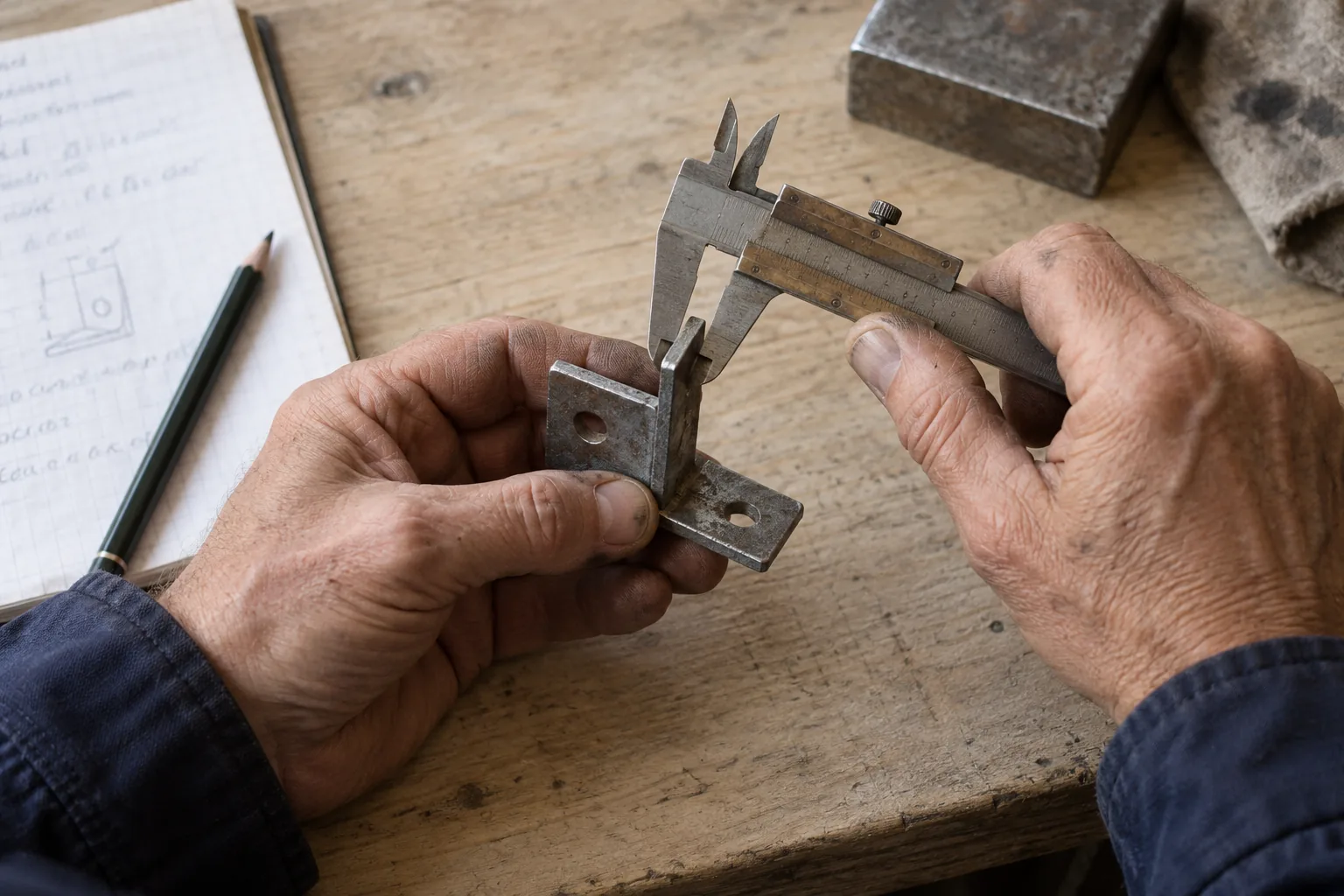 Hände messen ein kaltes Metallwerkstück neben geordneten Vergleichsnotizen.