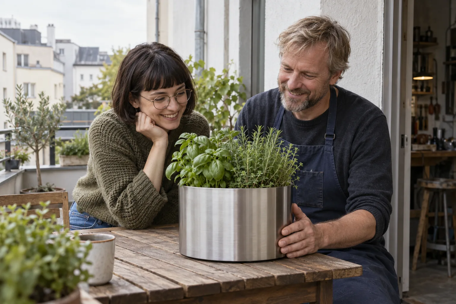 Eine Frau und ein Mann betrachten einen fertigen runden Edelstahl-Pflanzbehälter mit grünen Kräutern auf einem Balkon.