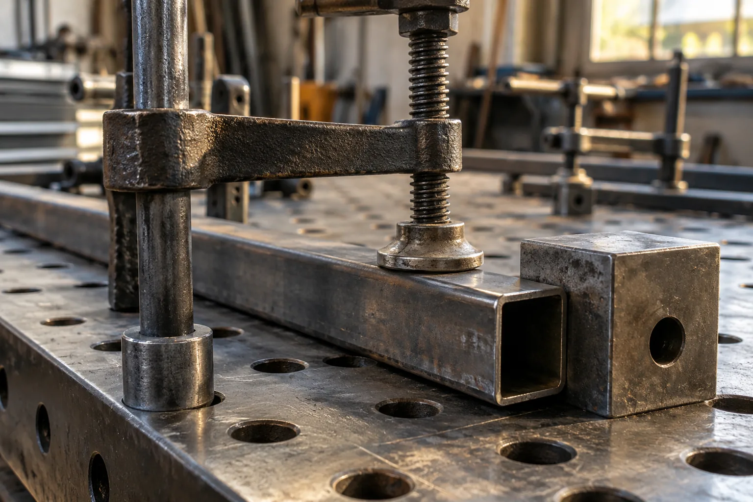 KI-generierte Illustration eines Metallprofils, das mit Schraubspannern am Tisch fixiert ist
