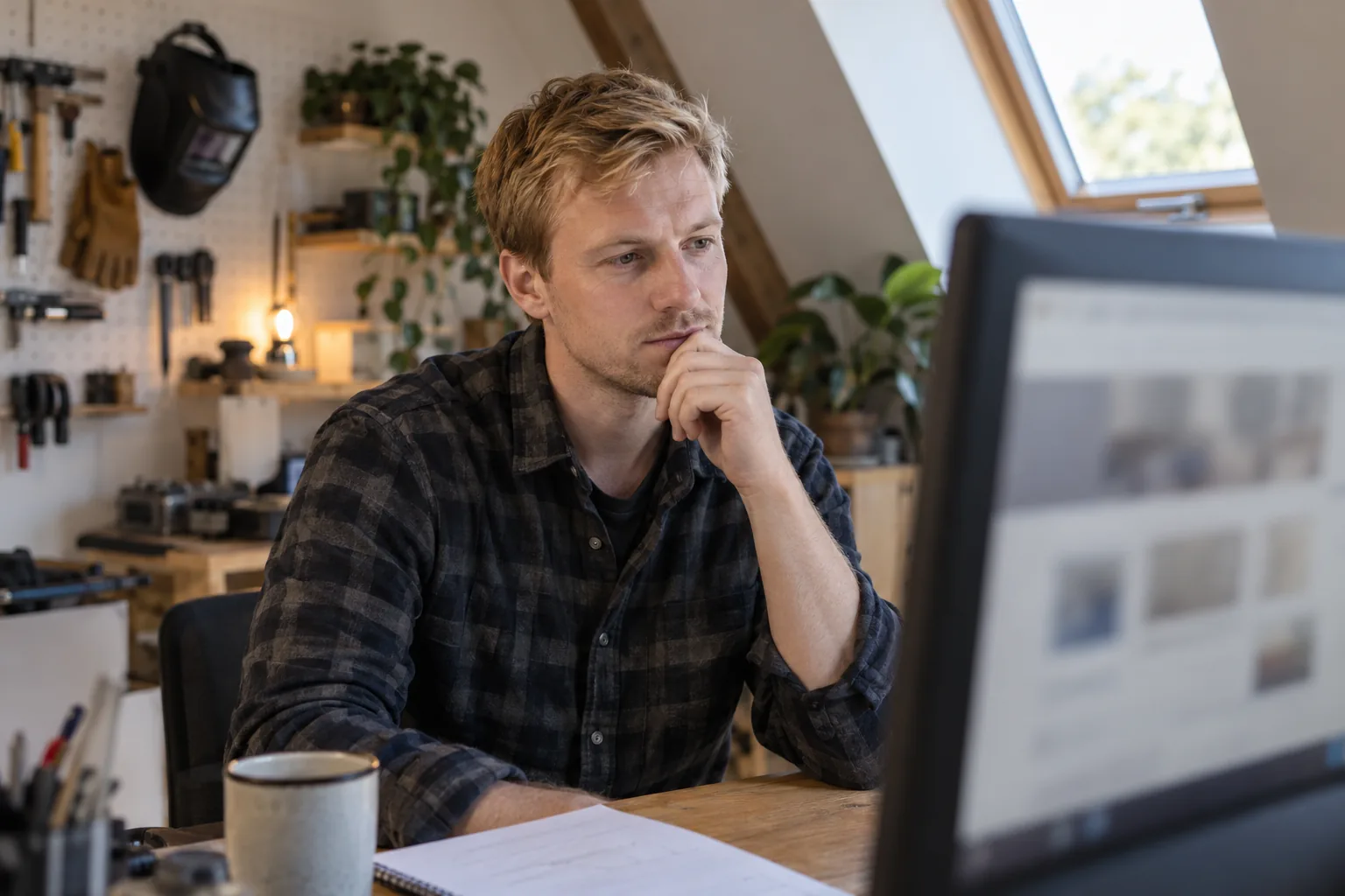 KI-generierte Illustration: Ein Mann betrachtet ein unscharfes Browserfenster auf einem Monitor im Werkraum.