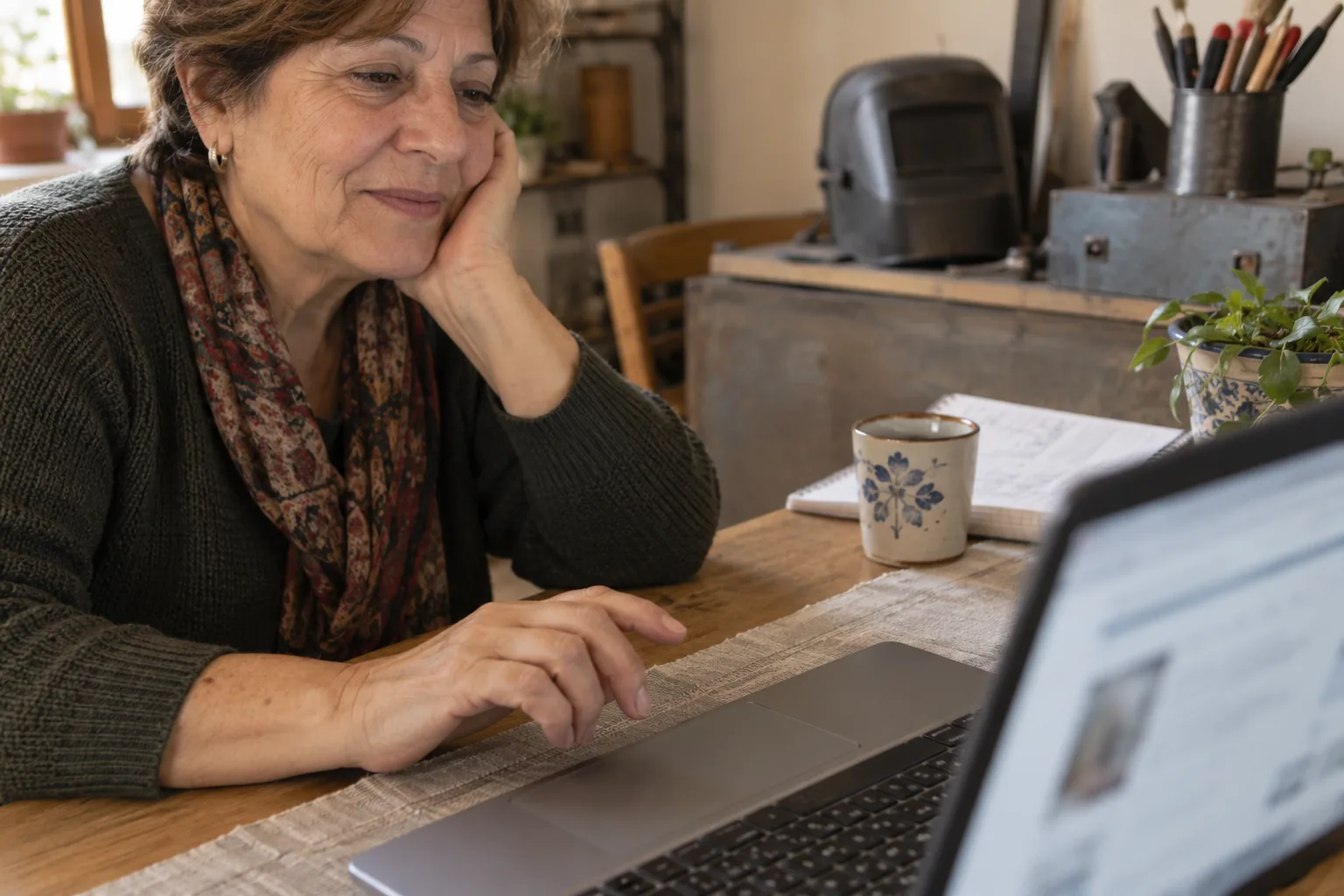 KI-generierte Illustration: Eine Frau hält kurz inne, bevor sie das Trackpad ihres Laptops benutzt; der Browser bleibt unscharf.