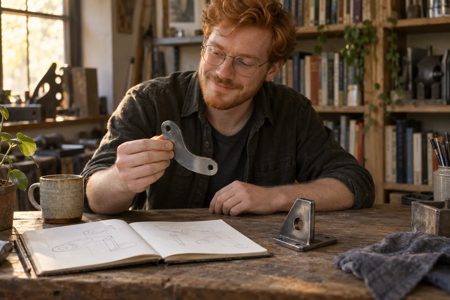 Ein Mann mit Brille betrachtet ein gebogenes Metallstück neben einem geöffneten Skizzenheft und weiteren Proben.