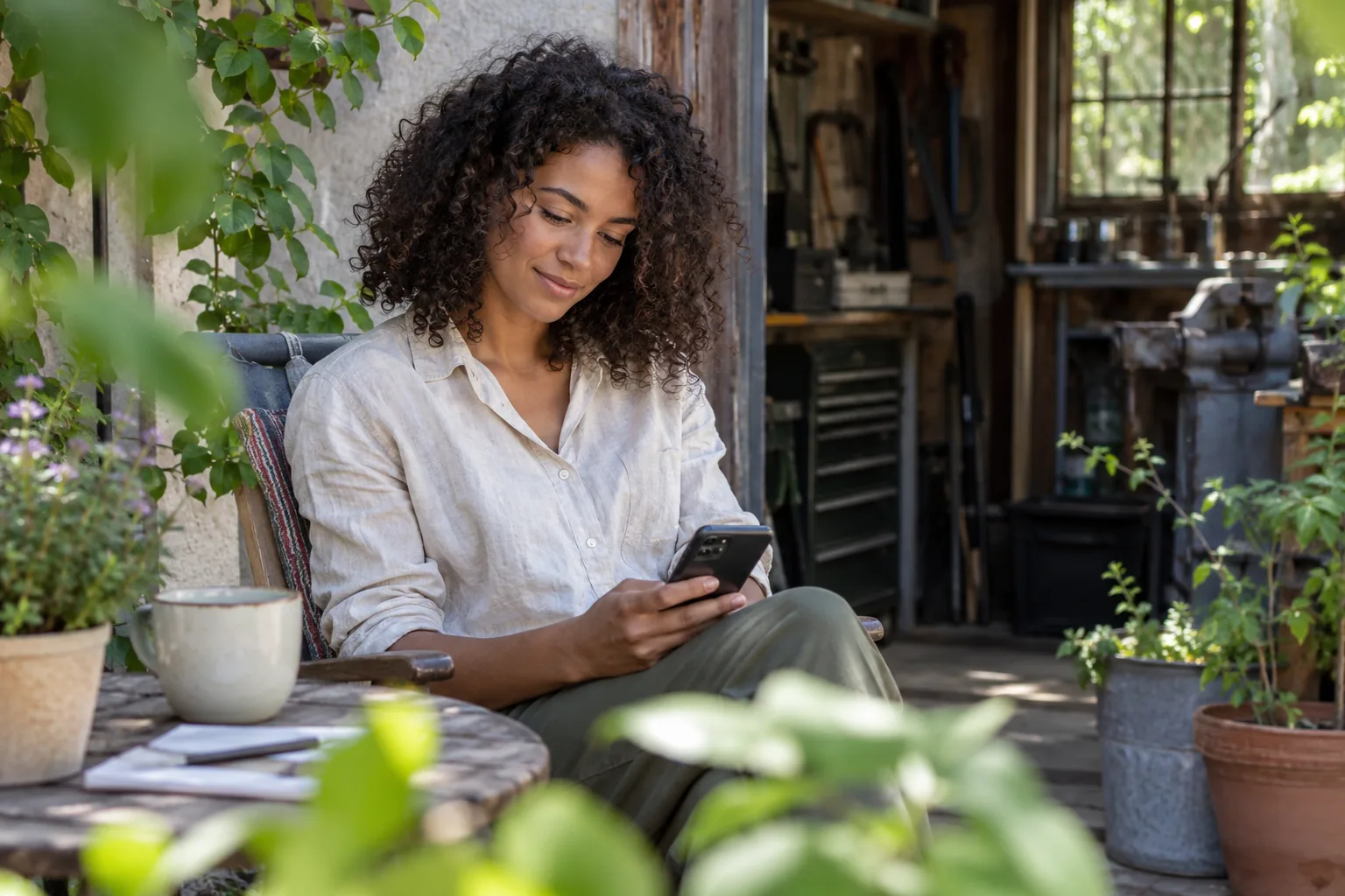 KI-generierte Illustration: Eine junge Frau betrachtet ihr Smartphone auf einer ruhigen Terrasse neben einer Werkstatt.