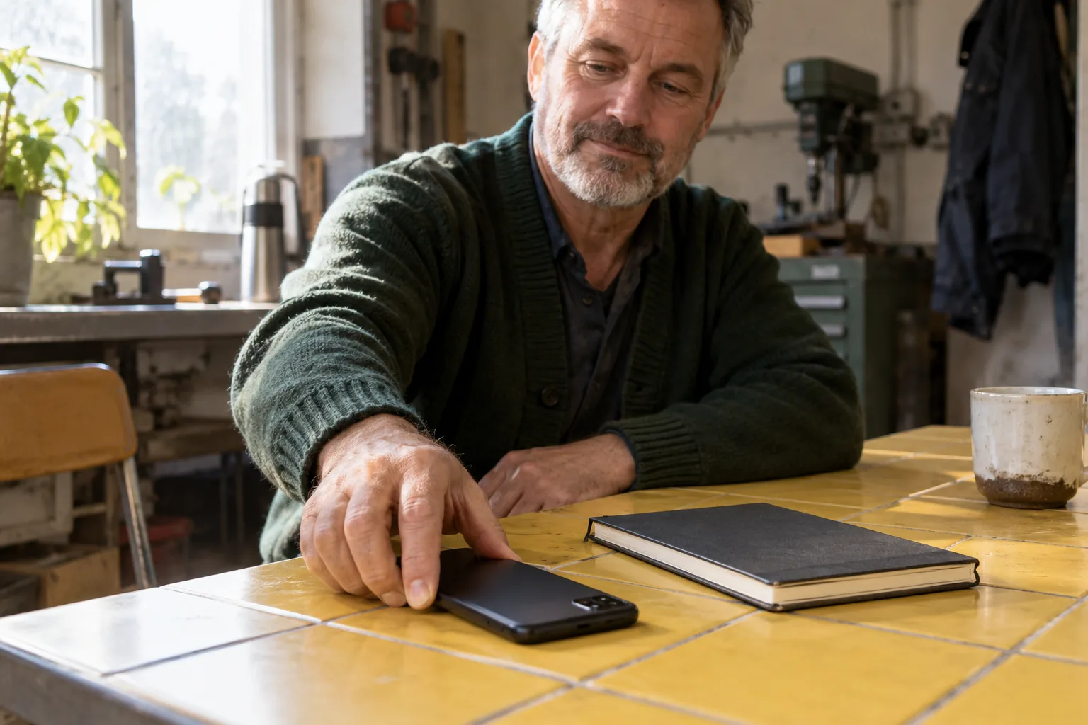 KI-generierte Illustration: Ein Mann legt sein Smartphone mit dem Display nach unten neben ein geschlossenes Notizbuch.