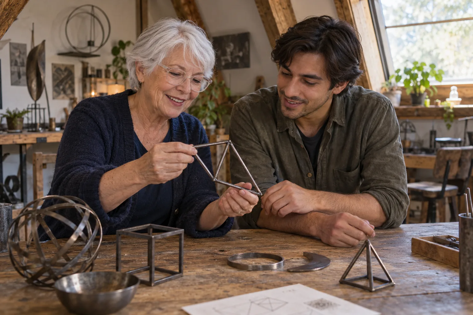 Eine ältere Frau zeigt einem jungen Mann ein kleines geometrisches Metallobjekt über einem Holztisch.