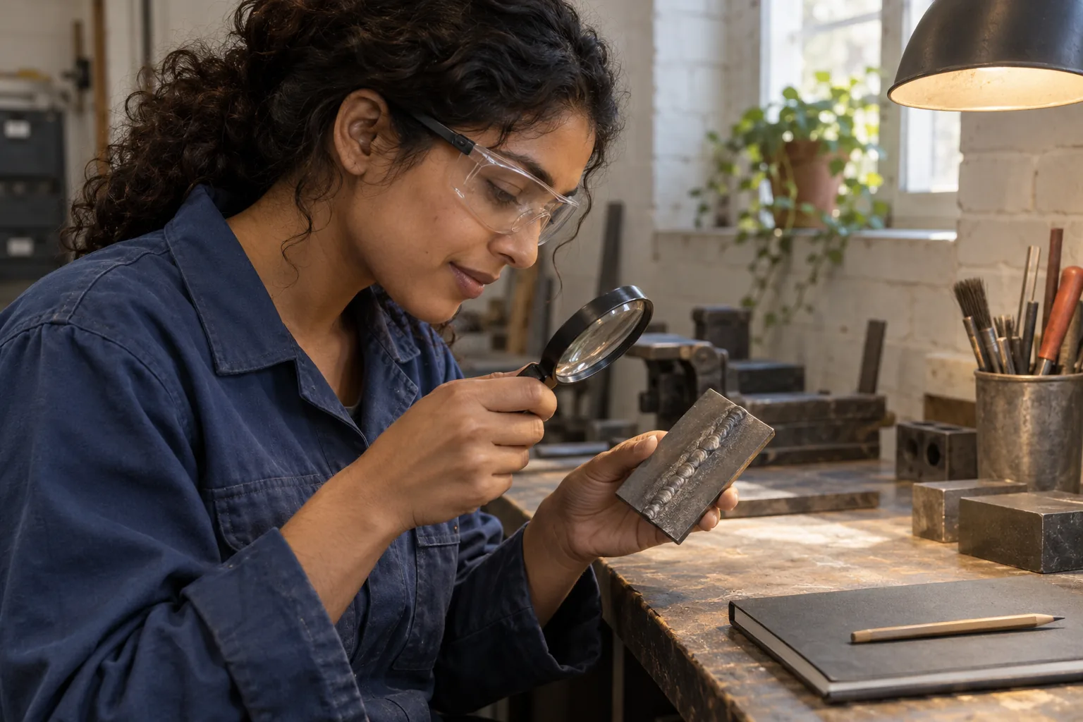 Eine Frau mit Schutzbrille betrachtet die Naht eines Metallstücks mit einer kleinen Lupe.