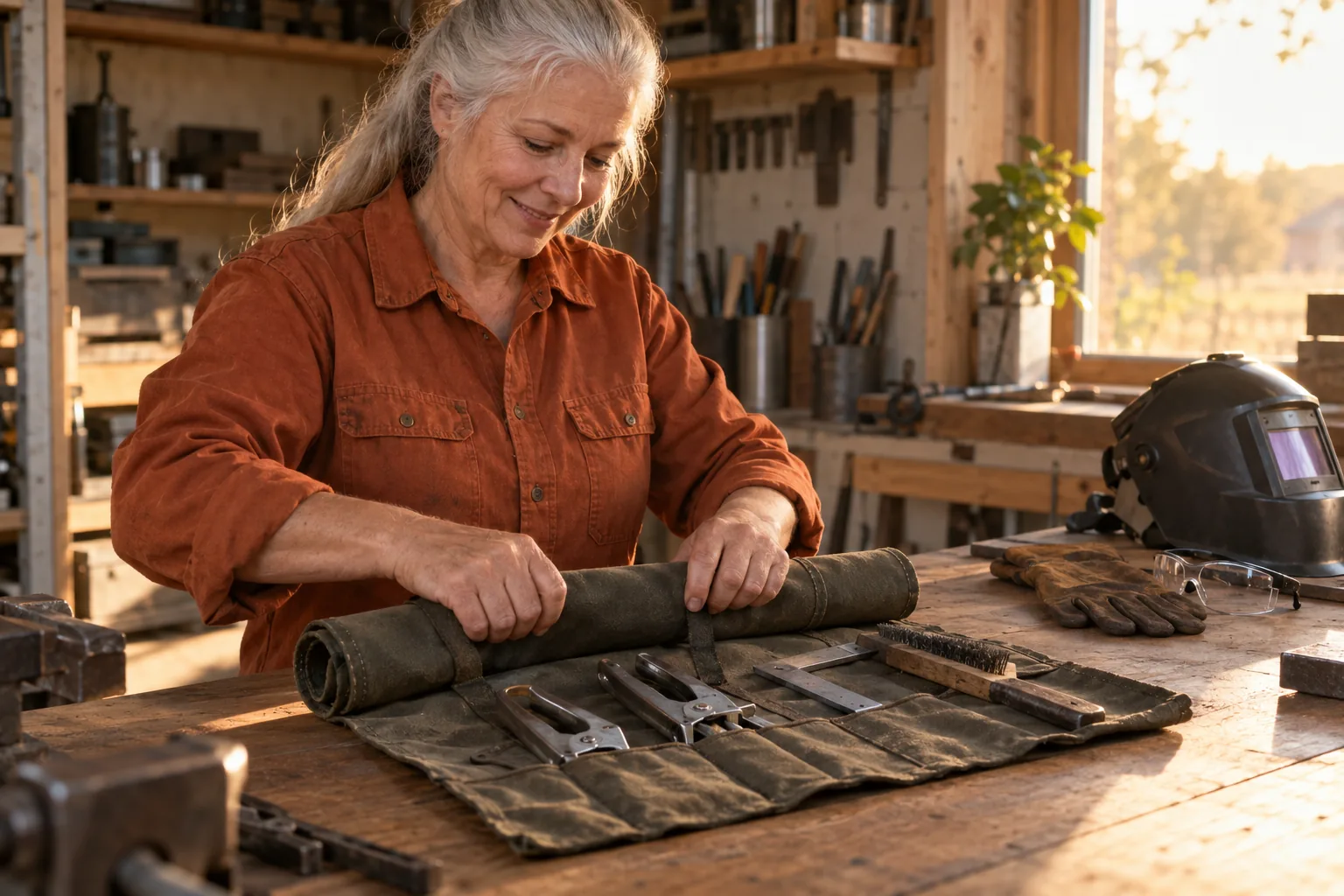 Eine Frau rollt eine Werkzeugtasche mit geordneten Spannwerkzeugen auf einer Werkbank zusammen.