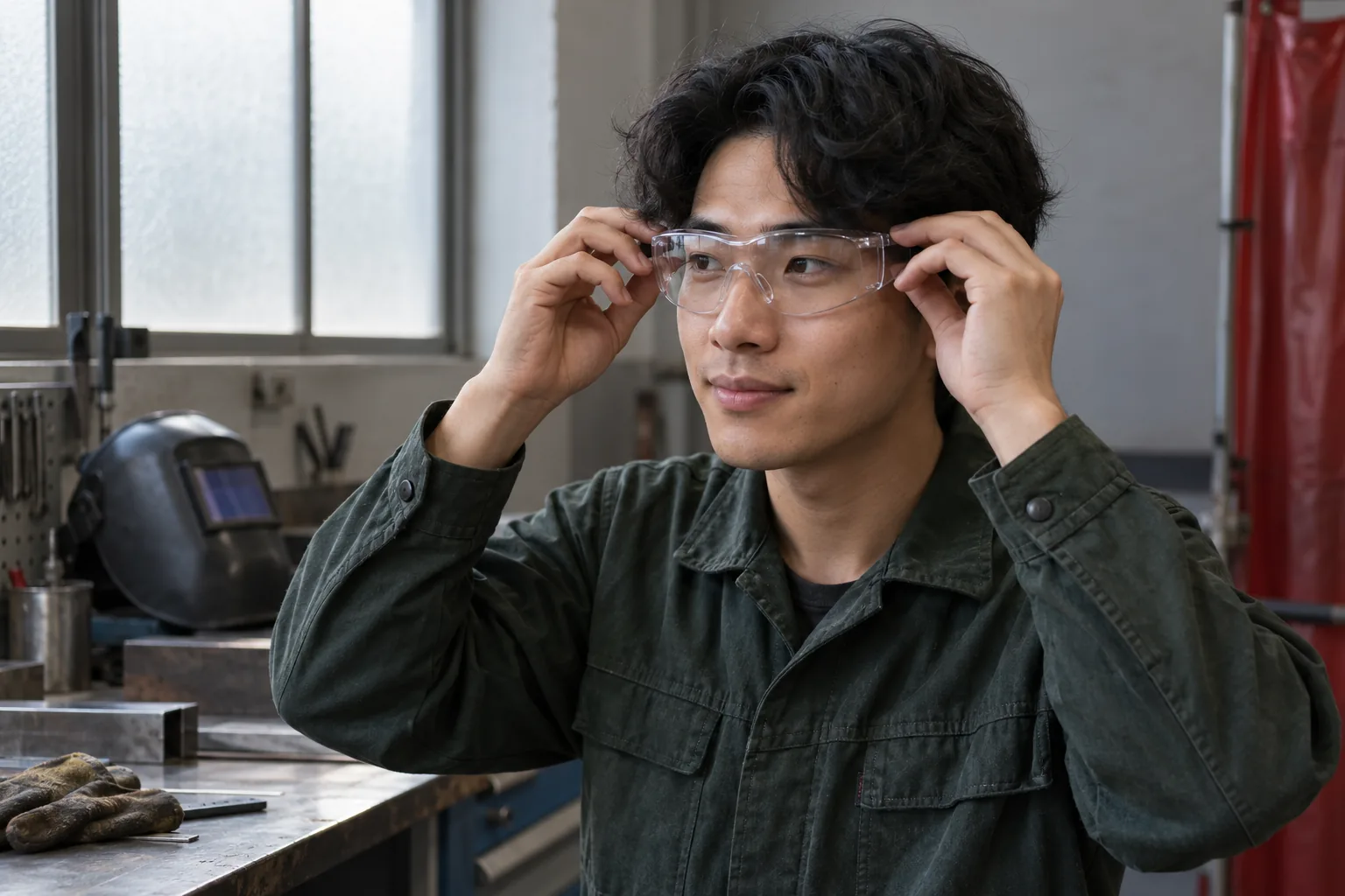 Ein Mann richtet eine transparente Schutzbrille auf seinem Gesicht aus.