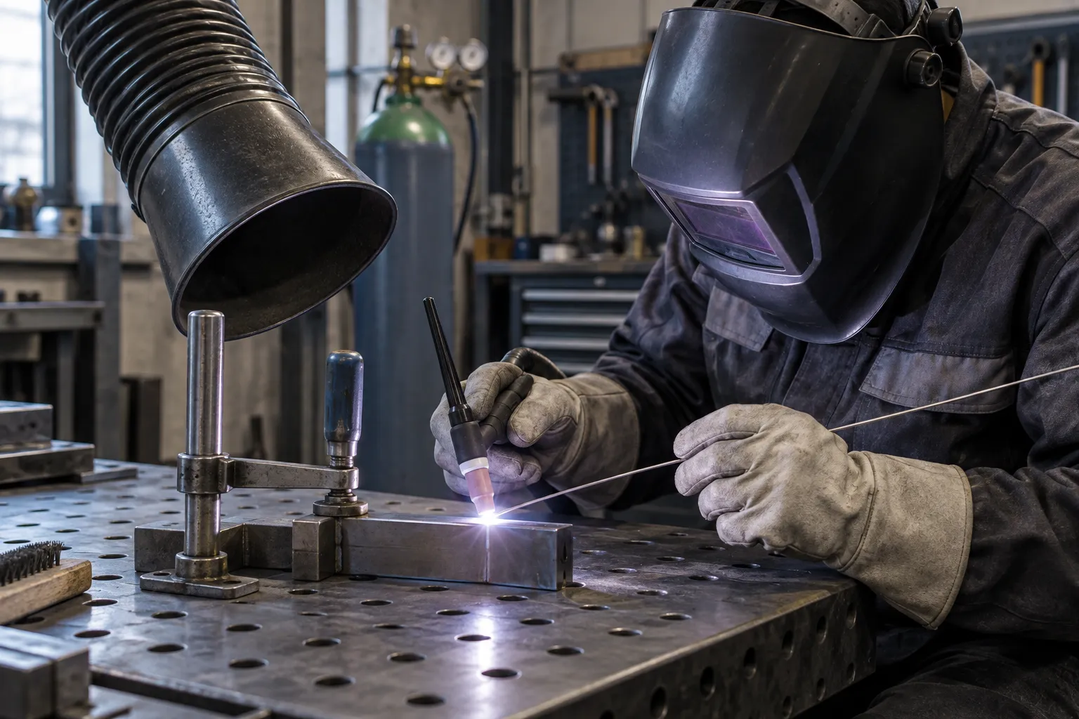 Eine Person mit Schweißhelm und Handschuhen hält einen WIG-Brenner und einen Zusatzstab an ein Metallwerkstück.